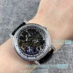 High Copy Vacheron Constantin Overseas Sterling Silver Bezel Black Leather Strap Watch 